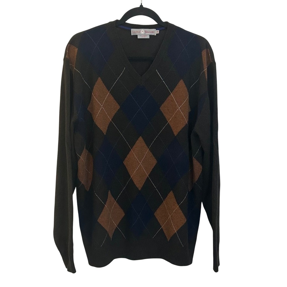 Luigi Baldo Cashmere Silk Blend Pullover Argyle Sweater Size XL Brown Blue Italy